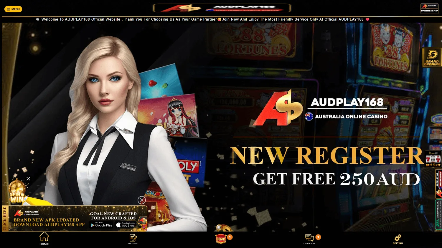 Audplay168 Casino home experience on desktop