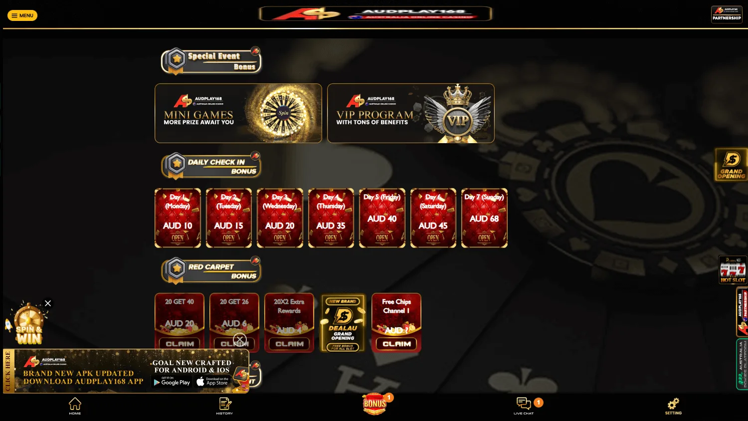 Audplay168 Casino promotions on desktop
